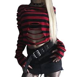 Gothic Punk T-Shirt Damen Langarm Rollkragen Crop Tops Basic Shirts Frühling Herbst T-Shirt Bluse Drucken Langarm Bauchfreier Pullover Pulli (Red, L) von Alaurbeauty