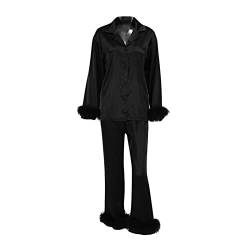 Satin Pyjama Damen Lang Set Elegant mit Knöfen Taschen Langarm Shirt mit Federn und Hose Zweiteiliger Nachtwäsche Sexy 2-teilig (A-Schwarz, X-Large) von Alaurbeauty