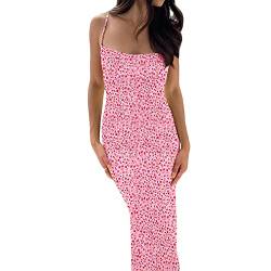 Spaghettiträger Kleid Eng Damen Lang Ärmelloses Figurbetontes Maxikleid Rückenfreies Blumendruck Sommerkleid Partykleid (A-Rosa, Small) von Alaurbeauty