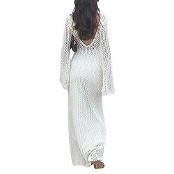 Women Elegant Long Knit Dress Solid Color Hollow-Out Deep V-Neck Long Sleeve Bodycon Dress Fall Backless Holiday Dress (White, L) von Alaurbeauty