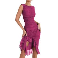 Women Y2K See Through Sheer Mesh Dress Floral Fringed Sleeveless Open Back Dress Bodycon Irregular Ruffle Dress (A-rosarot, S) von Alaurbeauty