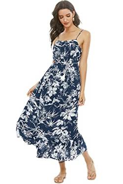 Alcea Rosea Damen Backless Long Loose Fit Navy Floral Maxikleid Anpassung Spaghettibügel Summer Flare Swing Kleid Bohe Beachwear Vertuschung (Navy Flower, X-Large) von Alcea Rosea