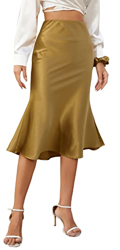 Alcea Rosea Damen High Waist Midi Rock Fishtail Seidiger Satinrock Business Bleistiftrock Party Cutting Rock S-XXXL (Reiches Gold,XXL) von Alcea Rosea