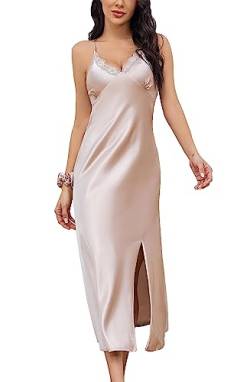 Alcea Rosea Damen Lange Satin Negligee Nachthemden Spitze Dessous Chemises Nachtwäsche Hohe Split Sexy Slip Seidige Nachthemd (Milky Tea, S) von Alcea Rosea