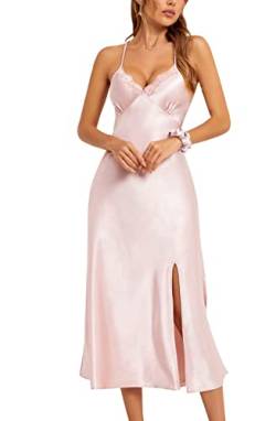 Alcea Rosea Damen Lange Satin Negligee Nachthemden Spitze Dessous Chemises Nachtwäsche Hohe Split Sexy Slip Seidige Nachthemd (Pearl Pink, XXXL) von Alcea Rosea