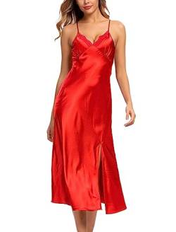 Alcea Rosea Damen Lange Satin Negligee Nachthemden Spitze Dessous Chemises Nachtwäsche Hohe Split Sexy Slip Seidige Nachthemd (Red, S) von Alcea Rosea