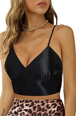 Alcea Rosea Damen Satin Crop Top Sexy kurz Tanktop mit V-Ausschnitt Spaghetti Korsett Y2k Sommer Tops (Schwarz, M) von Alcea Rosea