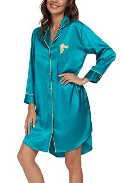 Alcea Rosea Damen Satin Nachthemd 3/4 Ärmeln Boyfriend Style Schlafshirt mit Knöpfe Nachtwäsche Sleepwear S-XXL(Peacock Green, XXL) von Alcea Rosea