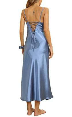 Alcea Rosea Damen Satin Nachthemd Sexy V-Ausschnitt Ärmellose und Verstellbare Spaghetti-Träger Krawatte Nachtwäsche S-XXL(X-Mitternachtsblau, XL) von Alcea Rosea