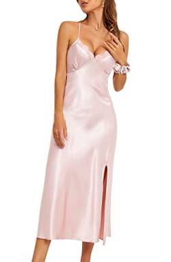 Alcea Rosea Damen Satin Nachthemd Spitze Ärmellose Dessous mit V-Ausschnitt Nachtwäsche Sexy rückenfreie Satin Slip Silk Negligee S-XXXL(Pulver Satin, L) von Alcea Rosea