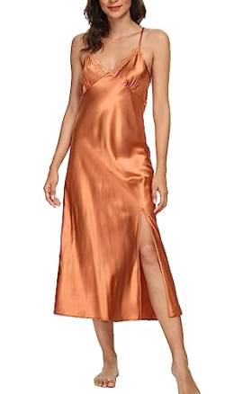 Alcea Rosea Damen Satin Nachthemd Spitze Ärmellose Dessous mit V-Ausschnitt Nachtwäsche Sexy rückenfreie Satin Slip Silk Negligee S-XXXL (Karamell, L) von Alcea Rosea