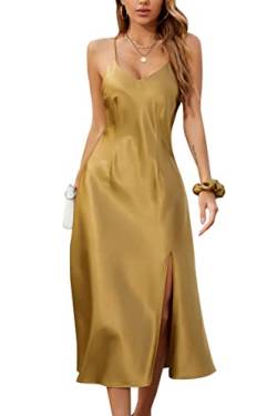 Alcea Rosea Damen Sexy Satin Kleid mit Schlitz Partykleider rückenfreie Spaghettiträger Cocktail Kleider S-XXL (Satin Reiches Gold, L) von Alcea Rosea