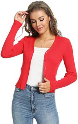 Alcea Rosea Damen Strickjacke Kurz V-Ausschnitt Cardigan Sweater Strick Button Down Langarm Oberteile S-XL (Rot,L) von Alcea Rosea