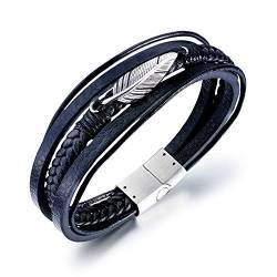 Aleasha Feder Leder Armband für Herren mit Edelstahl Magnet Verschluss ArmbäNder Schmuck Geschenk Silber von Aleasha