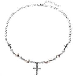 Aleasha Halskette Kreuz Für Herren Damen Kruzifix Perlenkette Silber Kuba Kette Edelstahl Choker Schmuck Geschenk 50CM von Aleasha