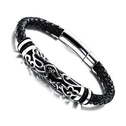 Aleasha Leder Armband für Herren mit Edelstahl Verschluss ArmbäNder Schmuck Geschenk (Schwarz&Silber) von Aleasha