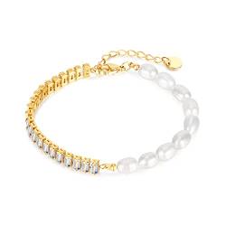 Aleasha Süßwasserperlen Armband Cubic Zirkon Armband Damen 18k Vergoldung Tennis Verstellbare Kette Armband Schmuck Geschenk von Aleasha