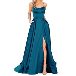 Alecony Abendkleider Elegant für Hochzeit Abschlusskleid Ballkleider Damen Kleider Lang Cocktailkleid A-Linie Satin Spaghetti Party Prom Maxi Dress Schlitz Brautkleid Festkleider mit Taschen von Alecony