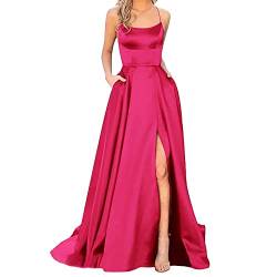 Alecony Abendkleider Elegant für Hochzeit Abschlusskleid Ballkleider Damen Kleider Lang Cocktailkleid A-Linie Satin Spaghetti Party Prom Maxi Dress Schlitz Brautkleid Festkleider mit Taschen von Alecony