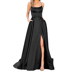 Alecony Damen Abendkleider Elegant für Hochzeit Lang Kleider Cocktailkleid Ballkleider mit Taschen Satin A-Linie Rückenfrei Hochzeitskleid Sexy Spaghetti Brautkleid Maxikleid Partykleid von Alecony