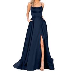 Alecony Damen Abendkleider Elegant für Hochzeit Lang Kleider Cocktailkleid Ballkleider mit Taschen Satin A-Linie Rückenfrei Hochzeitskleid Sexy Spaghetti Brautkleid Maxikleid Partykleid von Alecony