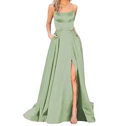 Alecony Damen Abendkleider Elegant für Hochzeit Lang Kleider Cocktailkleid Ballkleider mit Taschen Satin A-Linie Rückenfrei Hochzeitskleid Sexy Spaghetti Brautkleid Maxikleid Partykleid von Alecony