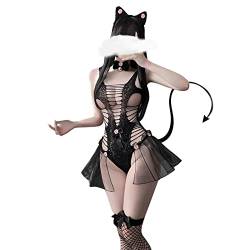 Alecony Dessous Damen Sexy UnterwäSche Sexy Frauen Dessous Plüsch Feder Katze Cosplay Baby Dolls Unterwäsche Schlüpfer Unterhosen Schwanz Glocke Stirnband Nachtwäsche Anzug Dessous (Black, One Size) von Alecony