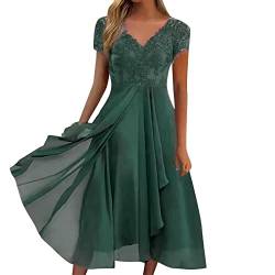 Alecony Sommerkleid Damen Knielang Kleider Spitzenkleid V-Ausschnitt Boho Kleid Kurzarm Chiffon Cocktailkleid Festliches Ballkleid Brautjungfernkleider Für Hochzeit Midi Abendkleider von Alecony