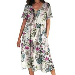 Alecony Sommerkleid Damen Leinenkleider Strandkleider Boho Langes Kleid mit Taschen Sommer Rundhalsausschnitt Kurzarm Freizeitkleid Knielang Baumwolle Leinen Vintage Kleider Freizeitkleid Shirtkleid von Alecony