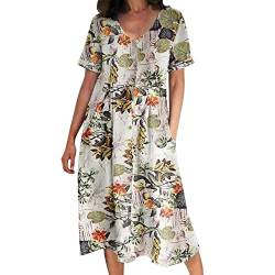 Alecony Sommerkleid Damen Leinenkleider Strandkleider Boho Langes Kleid mit Taschen Sommer Rundhalsausschnitt Kurzarm Freizeitkleid Knielang Baumwolle Leinen Vintage Kleider Freizeitkleid Shirtkleid von Alecony