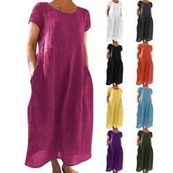 Alecony Sommerkleid Damen Leinenkleider Strandkleider Boho Langes Kleid mit Taschen Sommer Rundhalsausschnitt Kurzarm Freizeitkleid Knielang Baumwolle Leinen Vintage Kleider Freizeitkleid Shirtkleid von Alecony