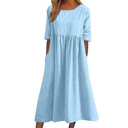 Alecony Sommerkleid Damen Leinenkleider Strandkleider Boho Langes Kleid mit Taschen Sommer Rundhalsausschnitt Kurzarm Freizeitkleid Knielang Baumwolle Leinen Vintage Kleider Freizeitkleid Shirtkleid von Alecony