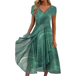 Alecony Sommerkleider Damen Kurzarm Lässig Rundhals Ausschnitt Blumendruck A-Linie Kleid Midikleid Partykleid Freizeitkleid Strandkleider Cocktailkleid Abendkleider Spitzenkleid von Alecony