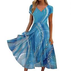 Alecony Sommerkleider Damen Kurzarm Lässig Rundhals Ausschnitt Blumendruck A-Linie Kleid Midikleid Partykleid Freizeitkleid Strandkleider Cocktailkleid Abendkleider Spitzenkleid von Alecony