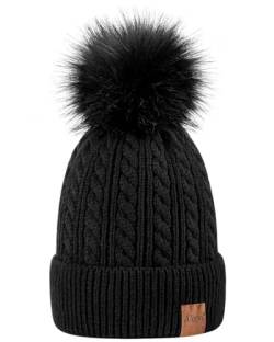 Alepo Womens Winter Beanie Hat, Warm Fleece Lined Knitted Soft Ski Cuff Cap with Pom Pom(Black) von Alepo