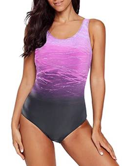 Aleumdr Badeanzug Damen Push up Bademode Schwimmanzug Bauchweg Farbverlauf Figurformenden Effekten Rückenfrei Bandeau Kreuz Rückseite Einteiler Swimsuit S-XXL (1-Lila, XX-Large) von Aleumdr