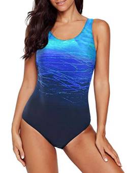 Aleumdr Badeanzug Damen Push up Bademode Schwimmanzug Bauchweg Farbverlauf Figurformenden Effekten Rückenfrei Bandeau S-XL, Blau, Large (EU38-EU40) von Aleumdr