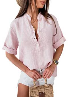 Aleumdr Bluse Damen Einfarbig Kurzarm 100% Baumwolle Tops V-Ausschnitt Bluse Button Down Freizeithemd Casual Oberteile Hemd Frühling Sommer (Rosa-XL) von Aleumdr