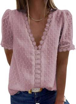 Aleumdr Damen Bluse V-Ausschnitt Oberteile mit Spitze Lose Tops Hemd Sommer T-Shirt Spitzen Shirts Pink XL von Aleumdr