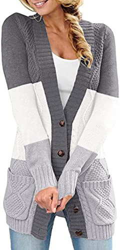 Aleumdr Damen Strickjacke Casual Cardigan Damen Strickmantel Strickpullover Herbst Winter Outwear mit Taschen und Langarm Grau und Weiß XL von Aleumdr