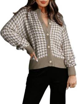 Aleumdr Damen Strickjacke Kurz Casual Cardigan Damen Herbst Lose Strickmantel mit Taste Elegant Fleecejacke Khaki Größe Medium von Aleumdr