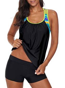 Aleumdr Damen Tankini Set Push up Damen Sport Tankini Badeanzug Bauchweg Damen Zweiteiler Bademode Set Sportlich Badeanzüge Damen Tankini Oberteil mit Badeshorts Schwimmanzug mit Cups,Schwarz XL von Aleumdr