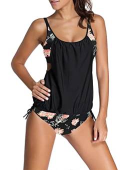 Aleumdr Damen Tankini Set Sportlich Badeanzug Bauchweg Frau Bademode Badeanzüge Sommer Tankini Set mit Dreieck Unterhosen Badebekleidung Zweiteiliger Push up UV Schutz,Schwarz XXL von Aleumdr