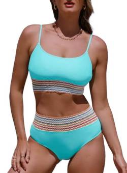 Aleumdr High Waist Bikini Damen Set Sexy Badeanzug Damen Bauchweg Zweiteilig Push Up Bikinis Oberteil mit Bikini Hose Blau Größe X-Large von Aleumdr