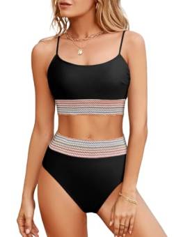 Aleumdr High Waist Bikini Damen Set Sexy Badeanzug Damen Bauchweg Zweiteilig Push Up Bikinis Oberteil mit Bikini Hose Schwarz Größe X-Large von Aleumdr