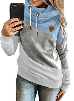 Aleumdr Hoodie Damen Rollkragen Kapuzenpullover Damen Langarm Sweatshirt Herbst Rollkragen Pullover Damen Farbblock Hoodie Kapuzenpulli Winterpullover für Damen A Blau 3XL von Aleumdr