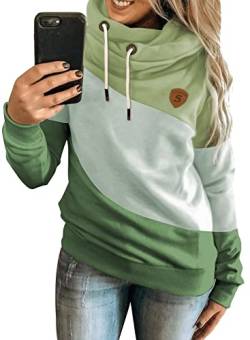 Aleumdr Hoodie Damen Rollkragen Kapuzenpullover Damen Langarm Sweatshirt Herbst Rollkragen Pullover Damen Farbblock Hoodie Kapuzenpulli Winterpullover für Damen Grün 2XL von Aleumdr