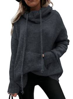 Aleumdr Hoodie Pullover Damen Elegant Kapuzenpullover Hoodie Damen Oversize Pullover Winter Strickpullover Damen Rollkragenpullover Strickpulli Sweatshirt mit Kapuze,Dunkelgrau M von Aleumdr