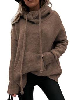 Aleumdr Kapuzenpullover Damen Strickpullover Oversize Pullover Damen Hoodie Sweatshirts Herbst Kapuzenpulli Elegant Damen Rollkragenpullover Langarm Winterpullover mit Kapuze,Braun S von Aleumdr