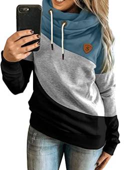 Aleumdr Kapuzenpullover Damen Sweatshirt Hoodie Damen Rollkragen Sweatshirt Pullover Farbblock Hoodie Langarm Kapuzenpulli SweaterDamen für Herbst Winter A Blau2 M von Aleumdr